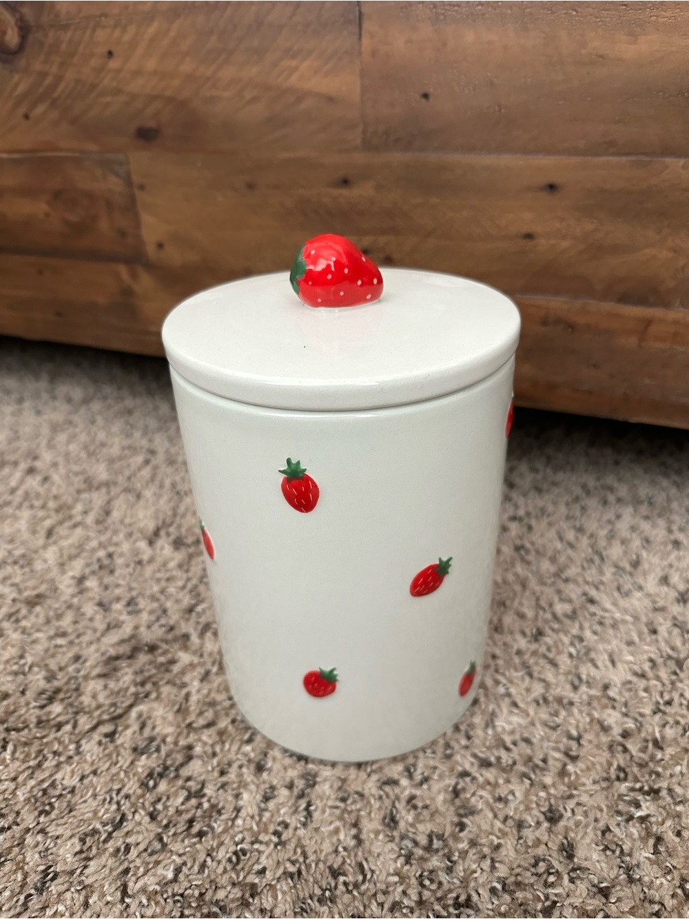 Ceramic White Strawberry Pattern Kitchen Canister with Lid
